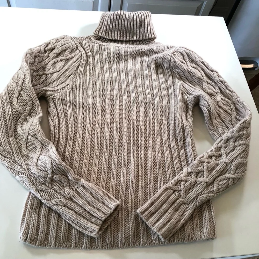Vintage Moda International Cable Knit Turtleneck Sweater L Cream Wool Blend